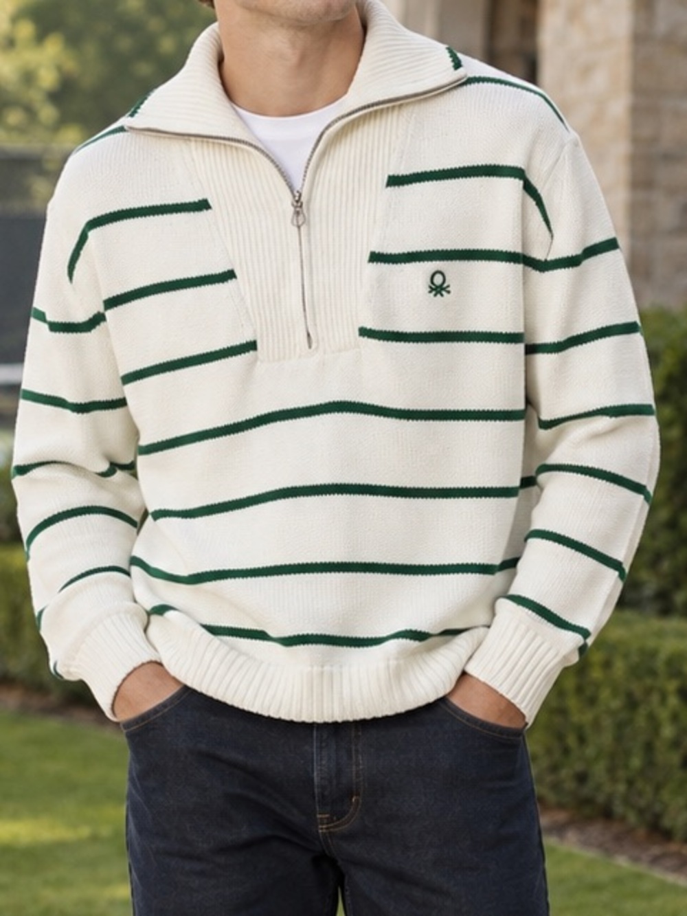 United Colors of Benetton Green Stripe 1/4 Zip Cotton Sweater M Preppy